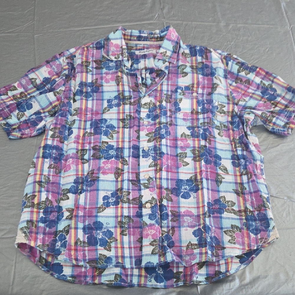 Tommy Bahama Blue & Purple Floral Plaid Short-Sleeve Button-Down Size L